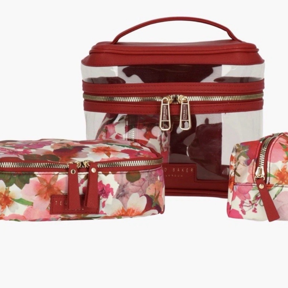 Ted Baker Cosmetic Bag Train Case Set 4 Piece Red Pressed Flowers - Picture 2 of 4